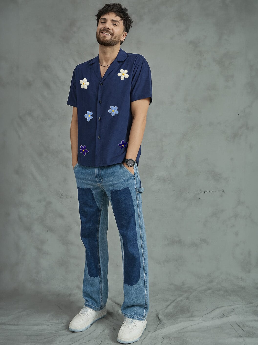 Navy Floral Applique Corduroy Shirt
