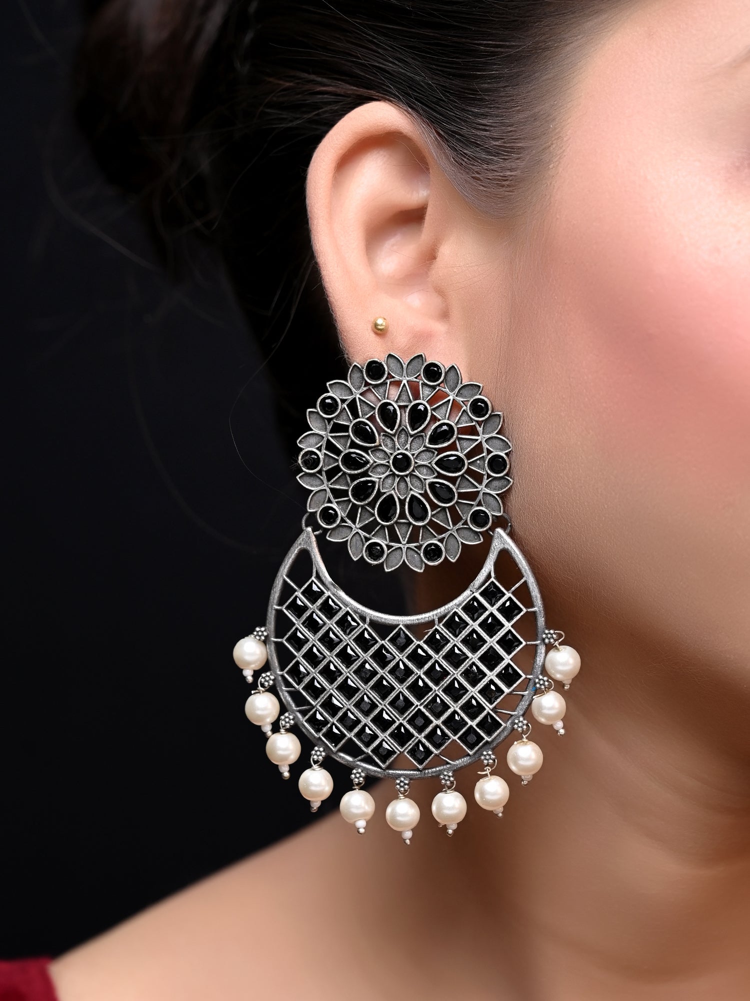 Anusha Black Oxidised Chandbali - qivii