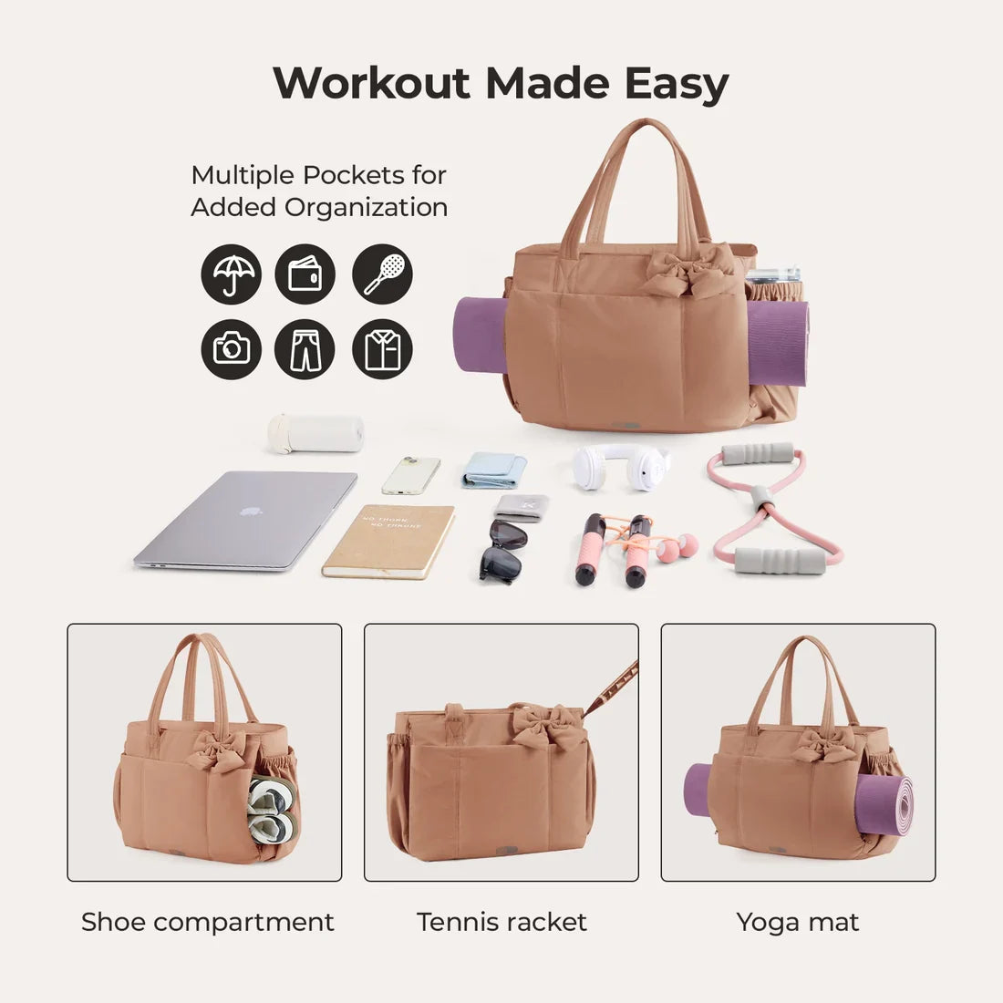Ounamei Large Nylon Tote Bag for Women | Work Laptop Gym Travel Shoulder Bag with Yoga Mat Strap 23L