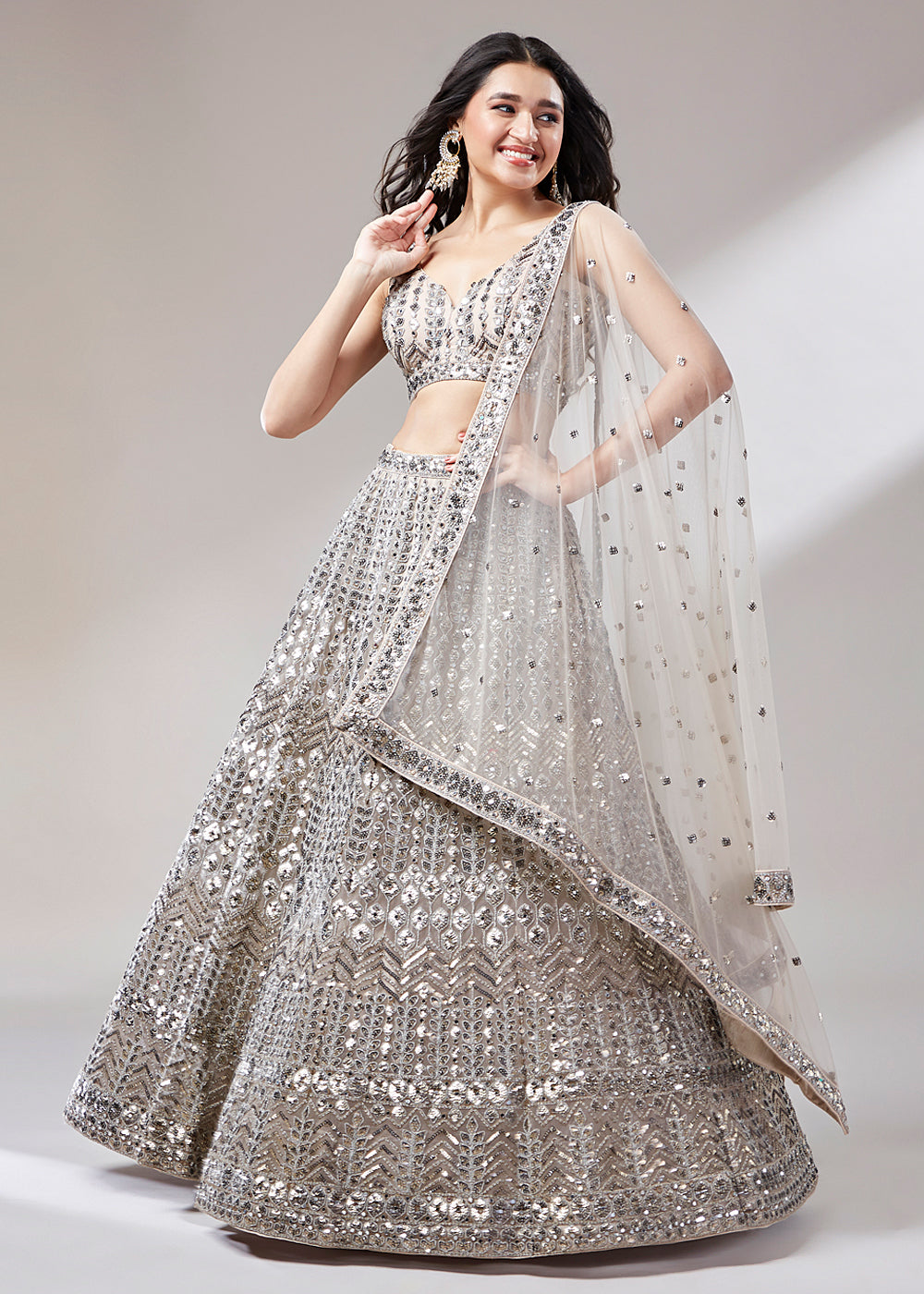 Beige Brown Net Designer Lehenga Choli with Mirror & Sequins work | Ready To Wear - qivii