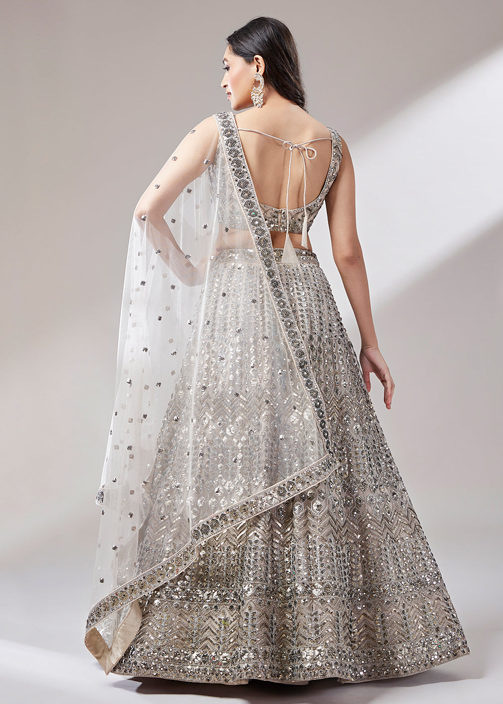 Beige Brown Net Designer Lehenga Choli with Mirror & Sequins work | Ready To Wear - qivii