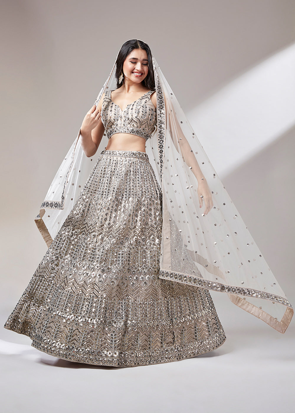 Beige Brown Net Designer Lehenga Choli with Mirror & Sequins work | Ready To Wear - qivii