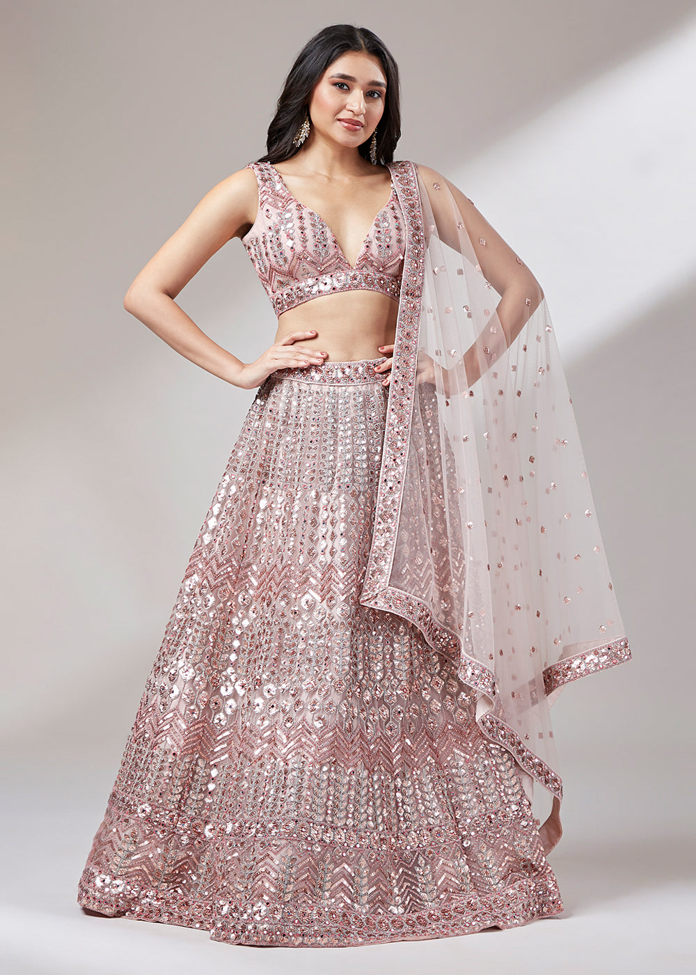 Rose Gold Net Designer Lehenga Choli with Mirror & Sequins work | Ready To Wear - qivii