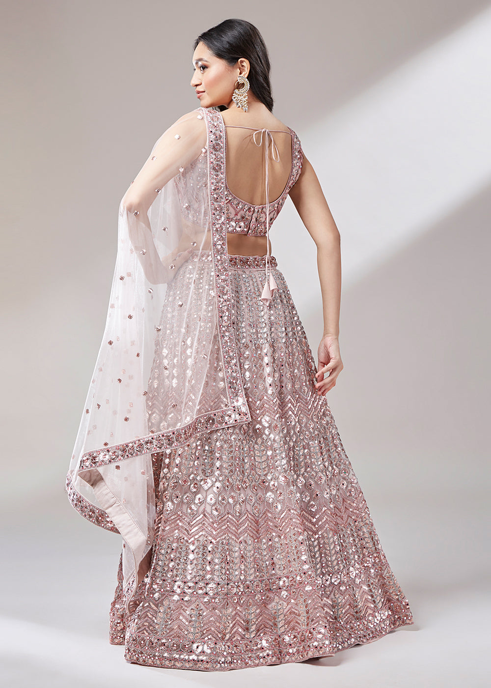 Rose Gold Net Designer Lehenga Choli with Mirror & Sequins work | Ready To Wear - qivii