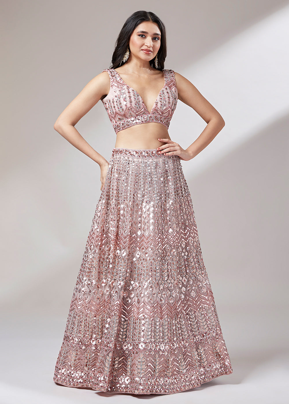 Rose Gold Net Designer Lehenga Choli with Mirror & Sequins work | Ready To Wear - qivii