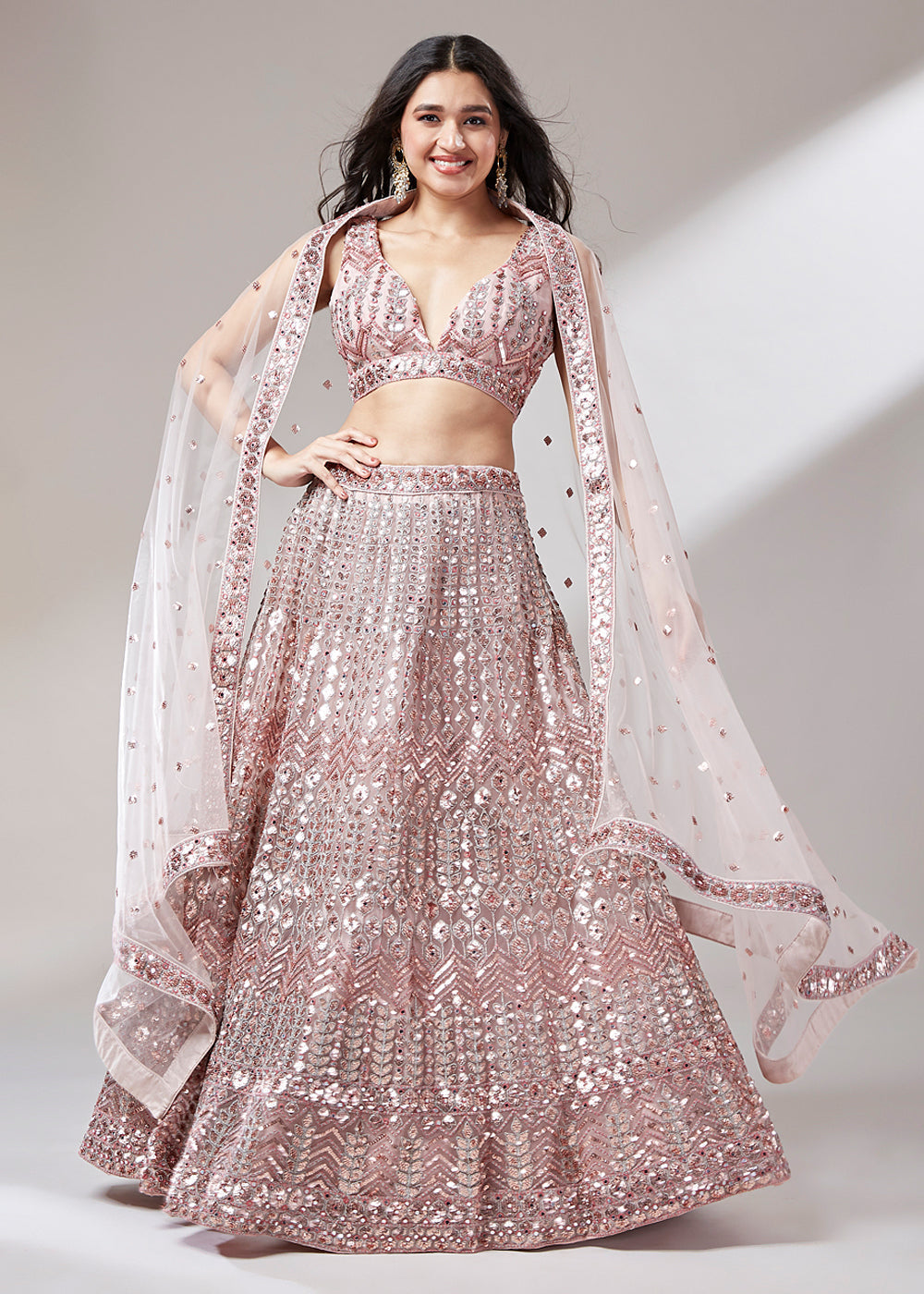 Rose Gold Net Designer Lehenga Choli with Mirror & Sequins work | Ready To Wear - qivii