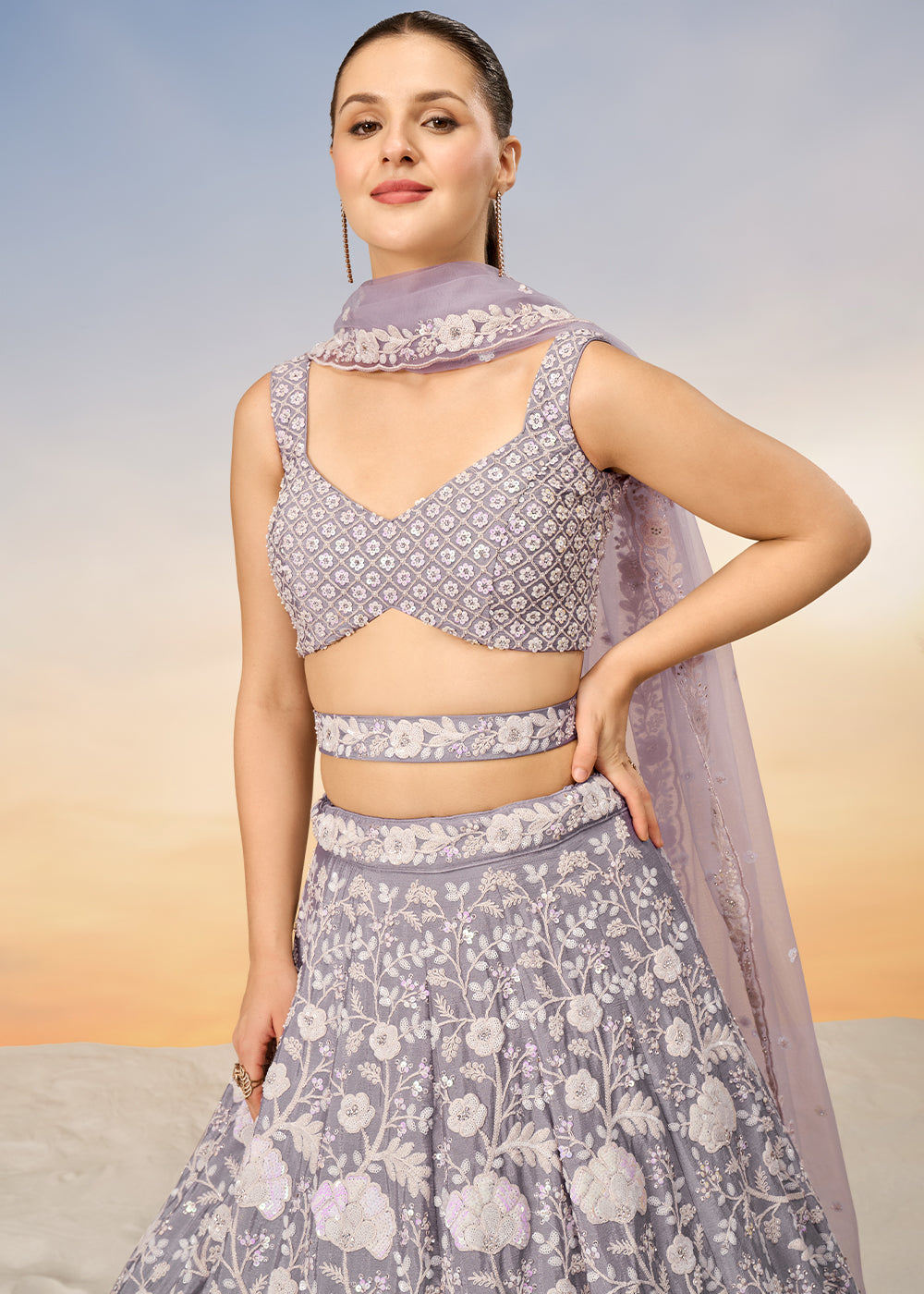 Floral Mauve Purple Georgette Lehenga Choli with Sequins & Zarkan Embroidery work | Ready To Wear - qivii