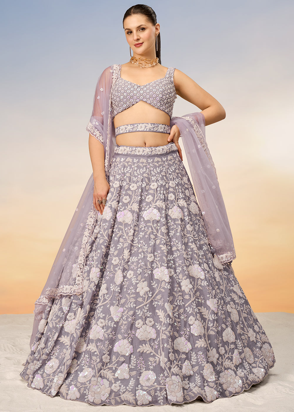 Floral Mauve Purple Georgette Lehenga Choli with Sequins & Zarkan Embroidery work | Ready To Wear - qivii