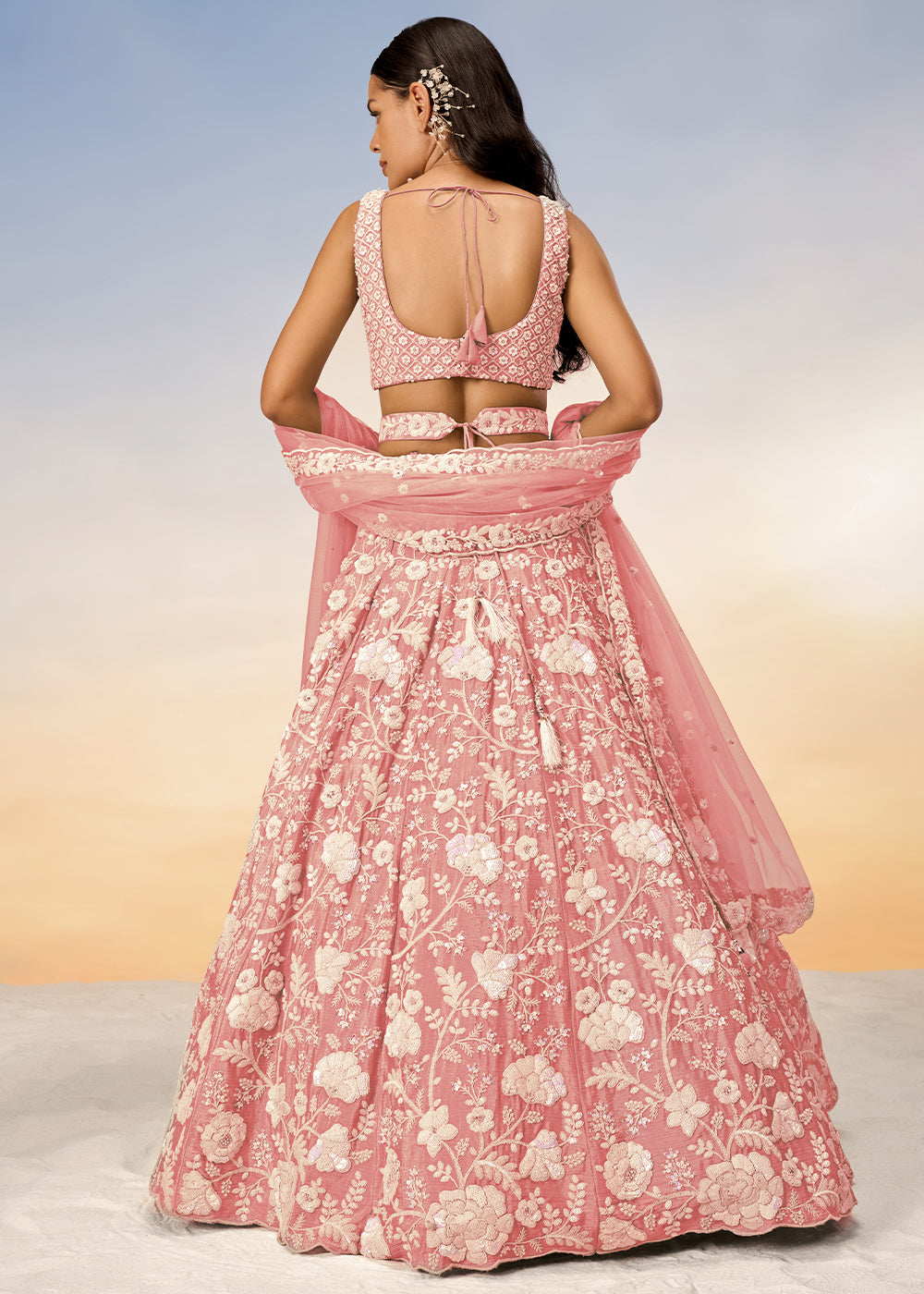 Flamingo Pink Georgette Lehenga Choli with Sequins & Zarkan Embroidery work | Ready To Wear - qivii
