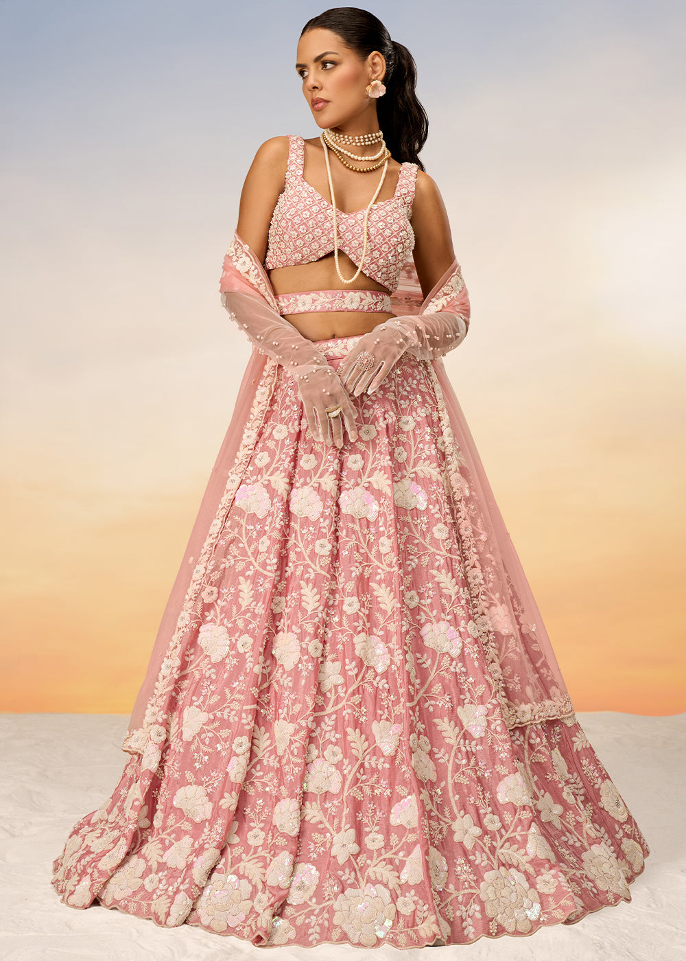 Flamingo Pink Georgette Lehenga Choli with Sequins & Zarkan Embroidery work | Ready To Wear - qivii