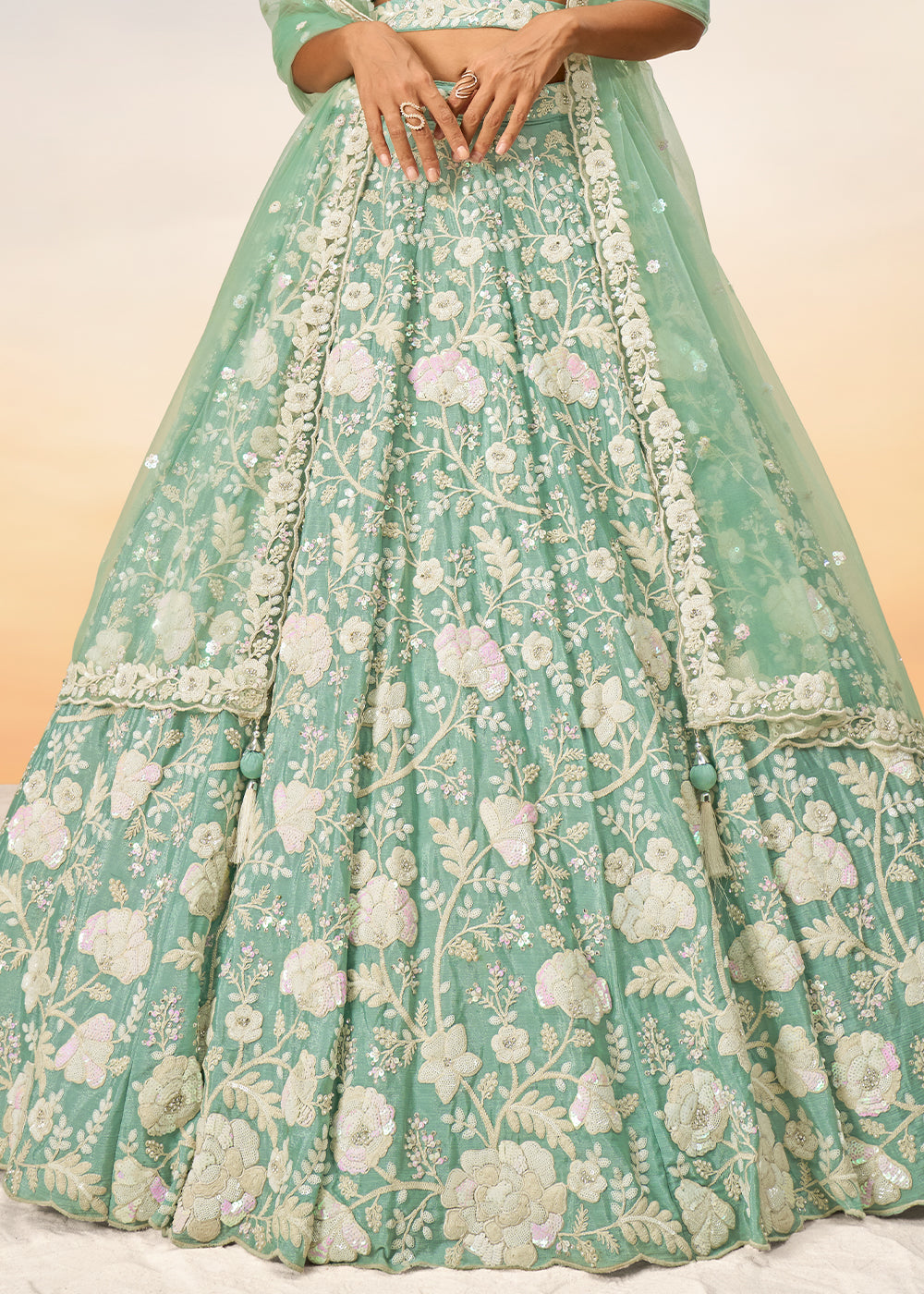 Sea Green Georgette Lehenga Choli with Sequins & Zarkan Embroidery work | Ready To Wear - qivii