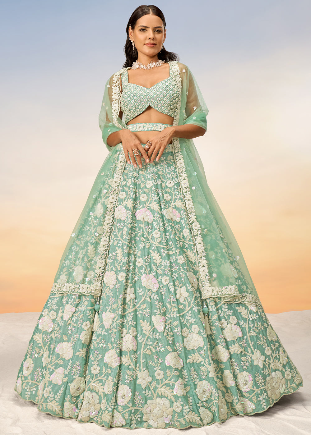 Sea Green Georgette Lehenga Choli with Sequins & Zarkan Embroidery work | Ready To Wear - qivii