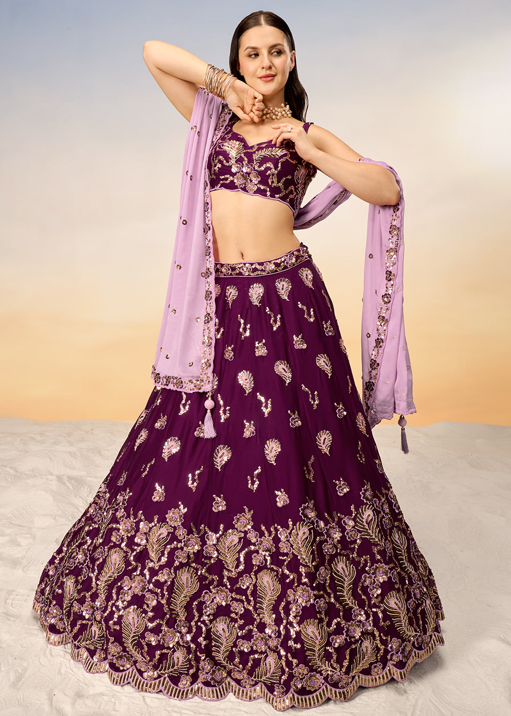 Sangria Purple Georgette Lehenga Choli with Heavy Sequins Embroidery work | Ready To Wear - qivii
