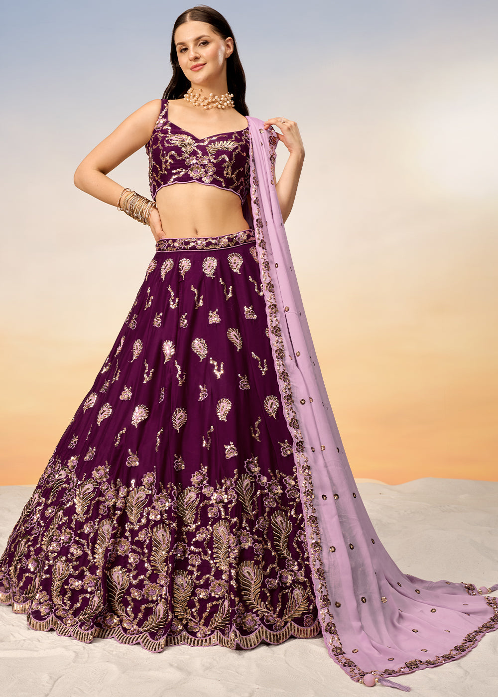 Sangria Purple Georgette Lehenga Choli with Heavy Sequins Embroidery work | Ready To Wear - qivii