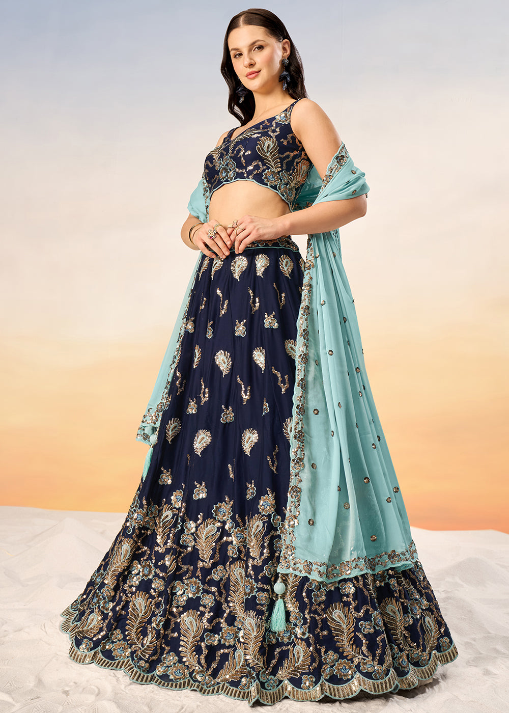 Navy Blue Georgette Lehenga Choli with Heavy Sequins Embroidery work | Ready To Wear - qivii