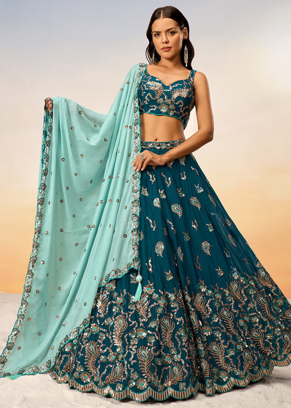 Teal Green Georgette Lehenga Choli with Heavy Sequins Embroidery work | Ready To Wear - qivii