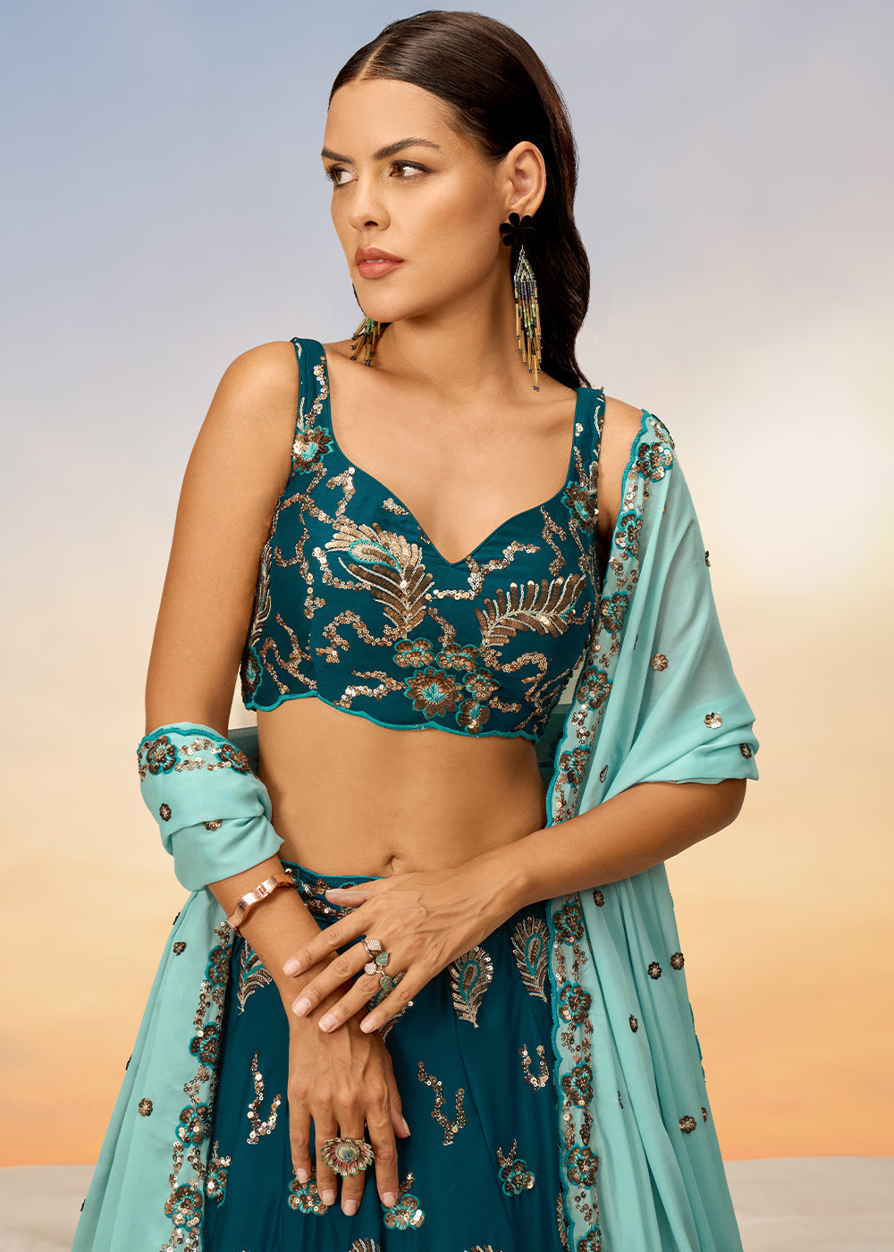 Teal Green Georgette Lehenga Choli with Heavy Sequins Embroidery work | Ready To Wear - qivii