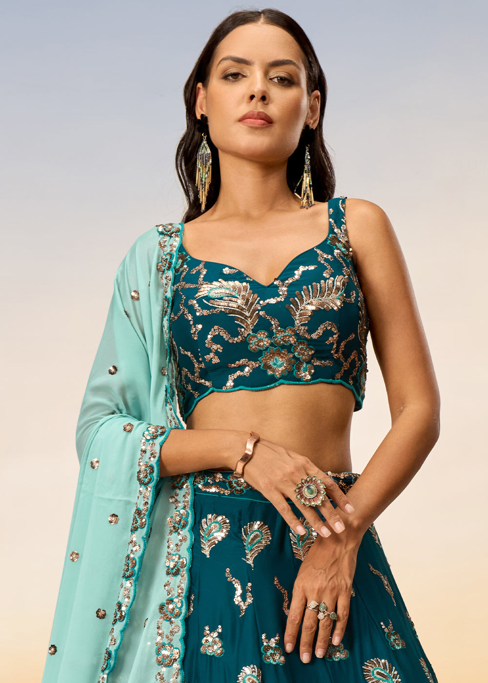 Teal Green Georgette Lehenga Choli with Heavy Sequins Embroidery work | Ready To Wear - qivii