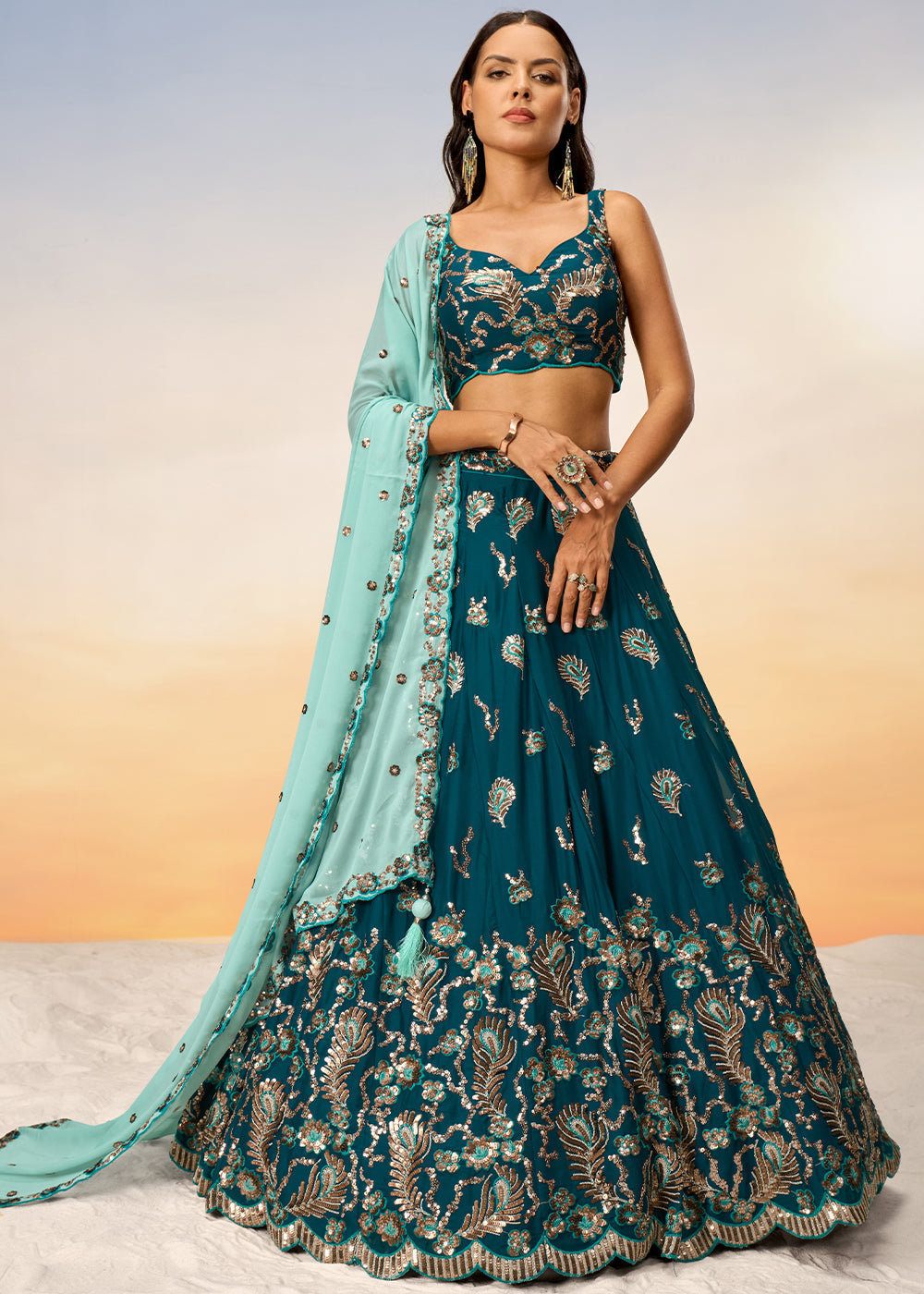 Teal Green Georgette Lehenga Choli with Heavy Sequins Embroidery work | Ready To Wear - qivii