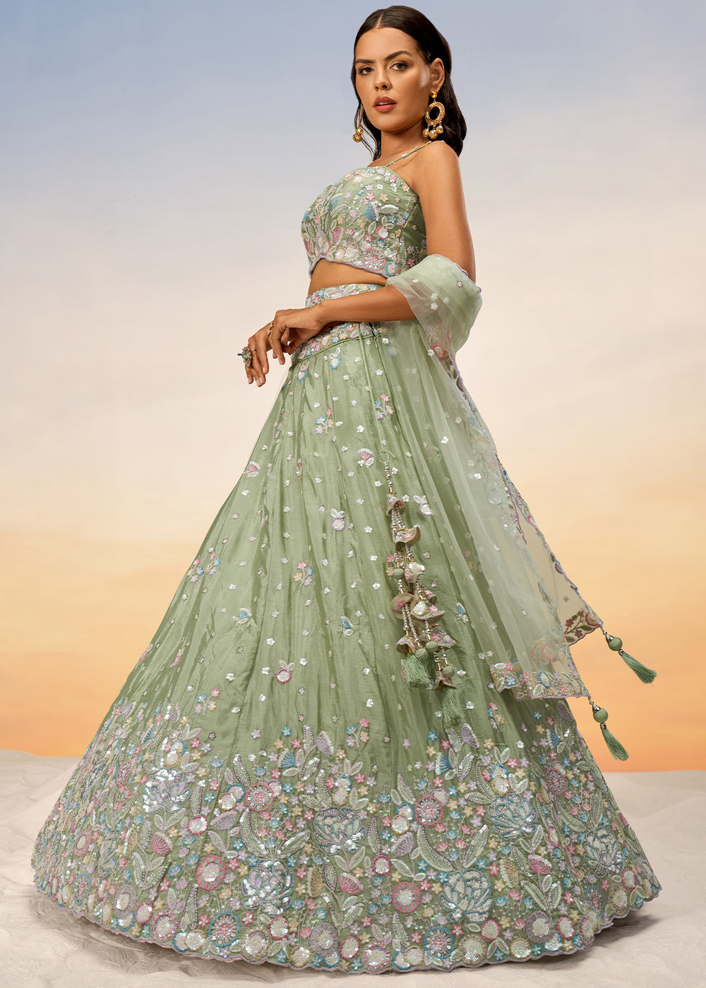 Pastel Green Chiffon Lehenga Choli with Sequins & Thread Embroidery work | Ready To Wear - qivii