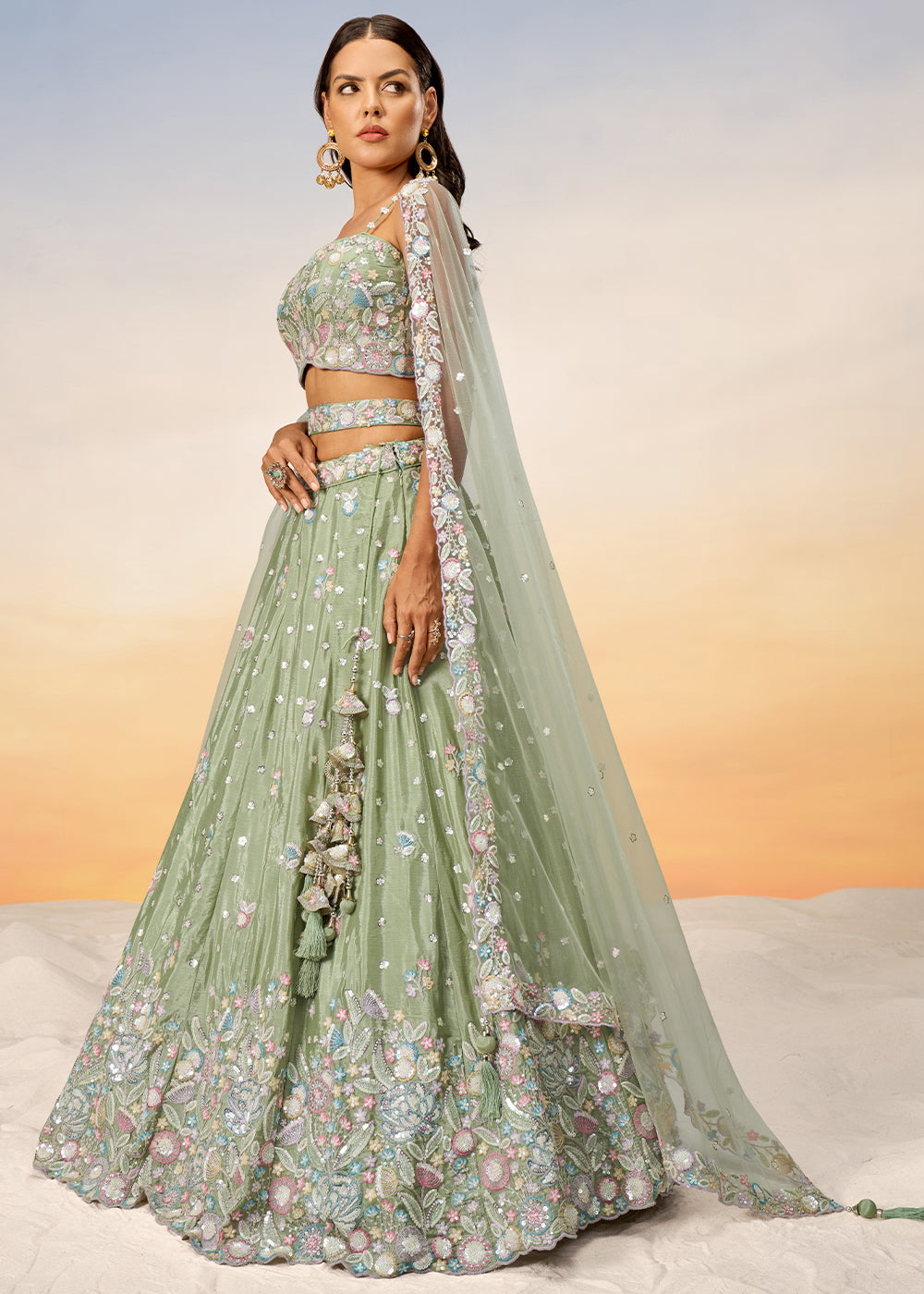 Pastel Green Chiffon Lehenga Choli with Sequins & Thread Embroidery work | Ready To Wear - qivii
