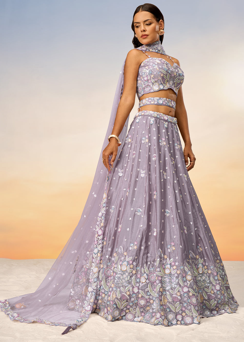 Mauve Purple Chiffon Lehenga Choli with Sequins & Thread Embroidery work | Ready To Wear - qivii