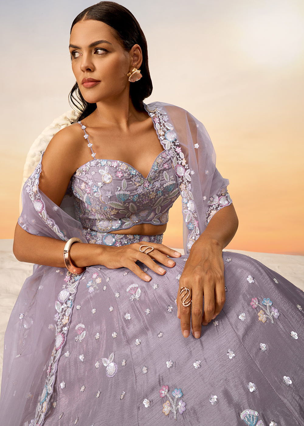Mauve Purple Chiffon Lehenga Choli with Sequins & Thread Embroidery work | Ready To Wear - qivii