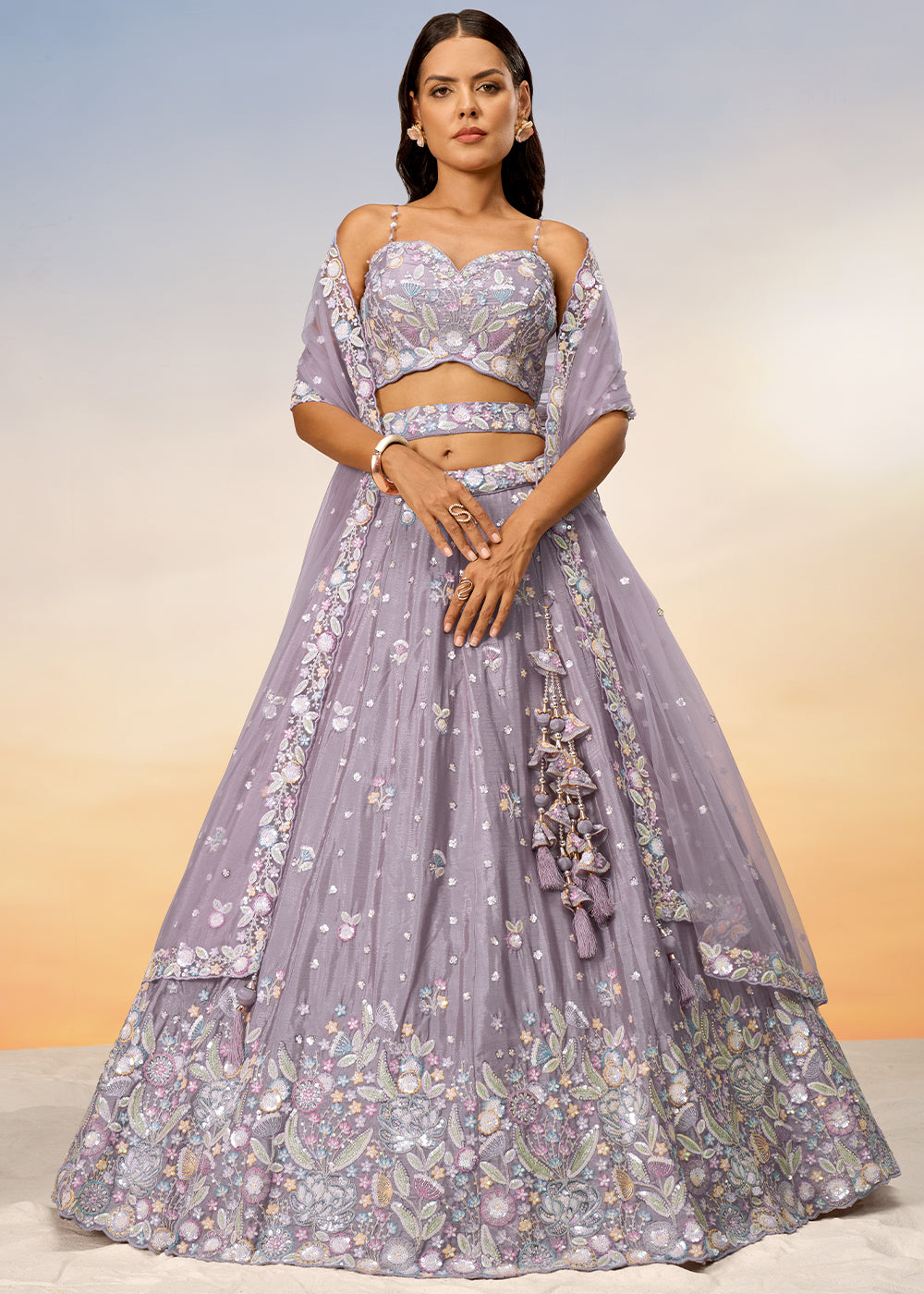 Mauve Purple Chiffon Lehenga Choli with Sequins & Thread Embroidery work | Ready To Wear - qivii