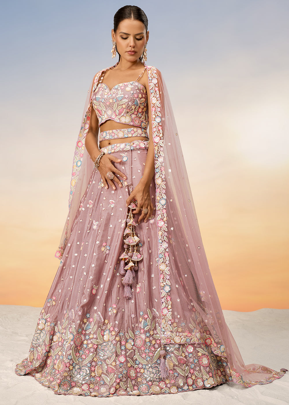 Rose Gold Pink Chiffon Lehenga Choli with Sequins & Thread Embroidery work | Ready To Wear - qivii