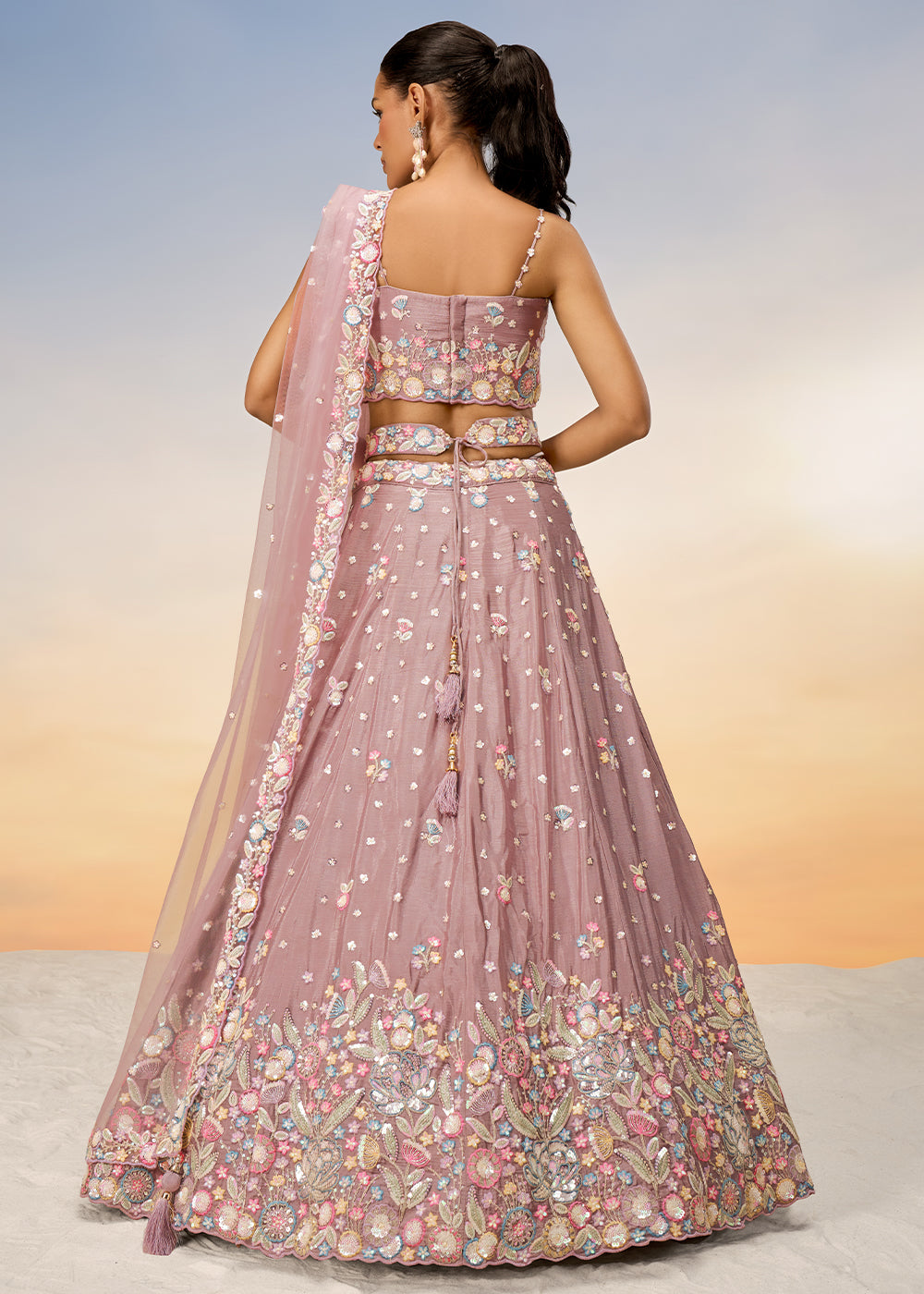 Rose Gold Pink Chiffon Lehenga Choli with Sequins & Thread Embroidery work | Ready To Wear - qivii