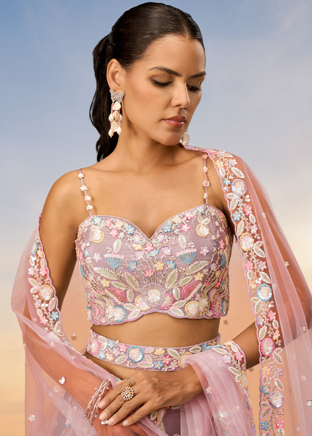 Rose Gold Pink Chiffon Lehenga Choli with Sequins & Thread Embroidery work | Ready To Wear - qivii