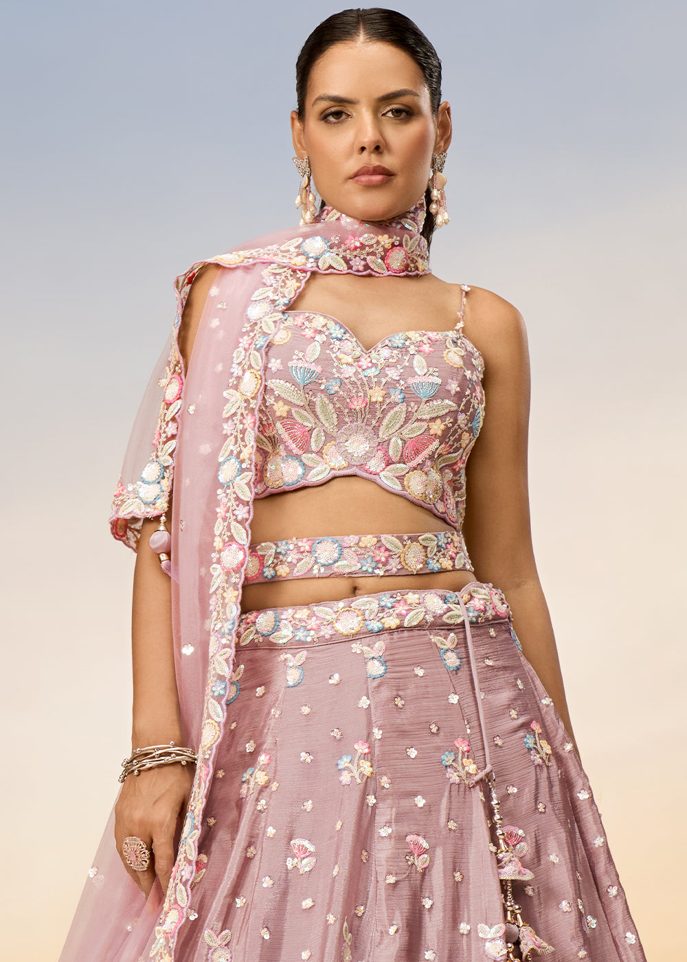 Rose Gold Pink Chiffon Lehenga Choli with Sequins & Thread Embroidery work | Ready To Wear - qivii