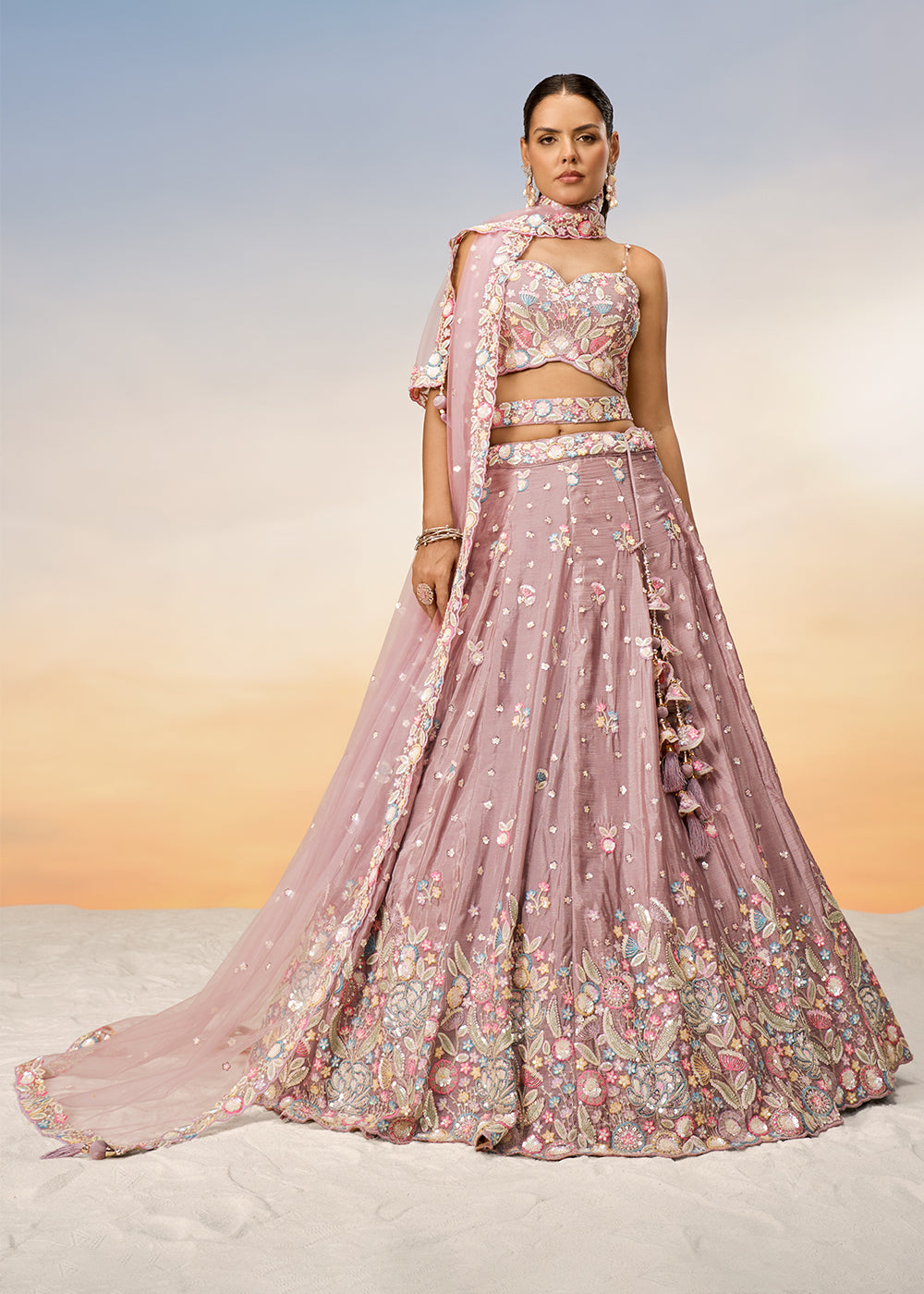 Rose Gold Pink Chiffon Lehenga Choli with Sequins & Thread Embroidery work | Ready To Wear - qivii