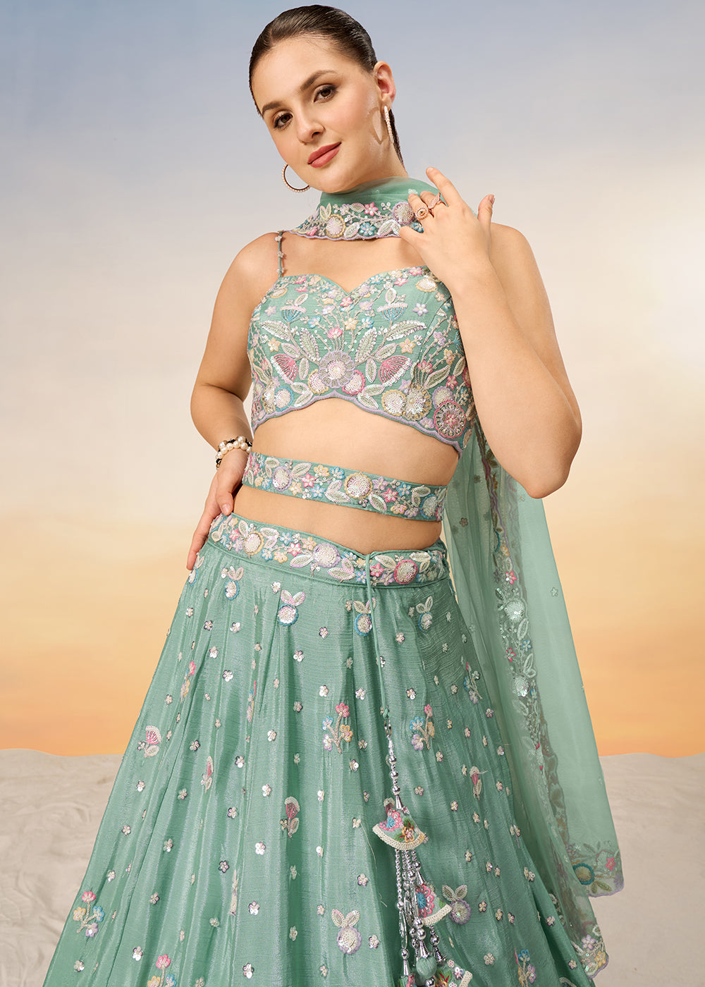 Light Sea Green Chiffon Lehenga Choli with Sequins & Thread Embroidery work | Ready To Wear - qivii