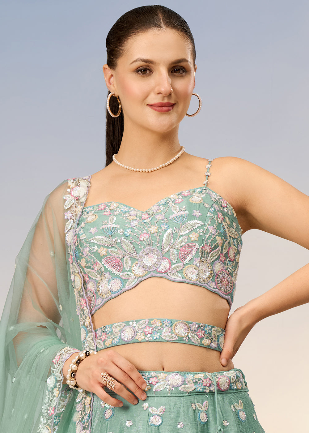 Light Sea Green Chiffon Lehenga Choli with Sequins & Thread Embroidery work | Ready To Wear - qivii