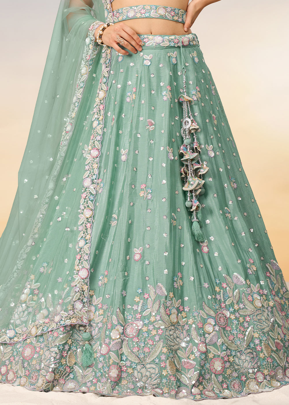 Light Sea Green Chiffon Lehenga Choli with Sequins & Thread Embroidery work | Ready To Wear - qivii