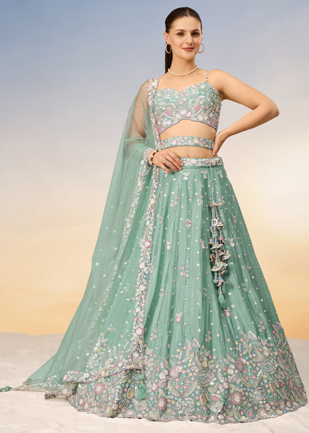 Light Sea Green Chiffon Lehenga Choli with Sequins & Thread Embroidery work | Ready To Wear - qivii