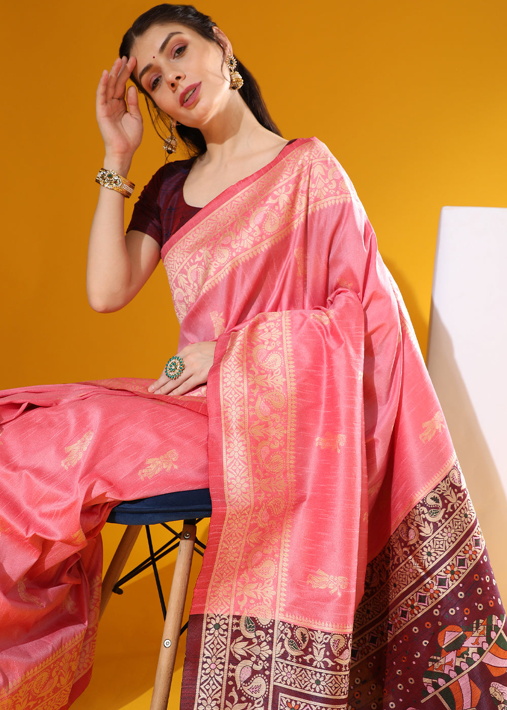 French Pink Kalamkari Woven Handloom Raw Silk Saree - qivii