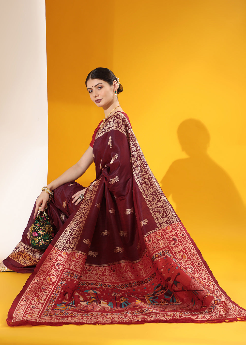 Mulberry Purple Kalamkari Woven Handloom Raw Silk Saree - qivii