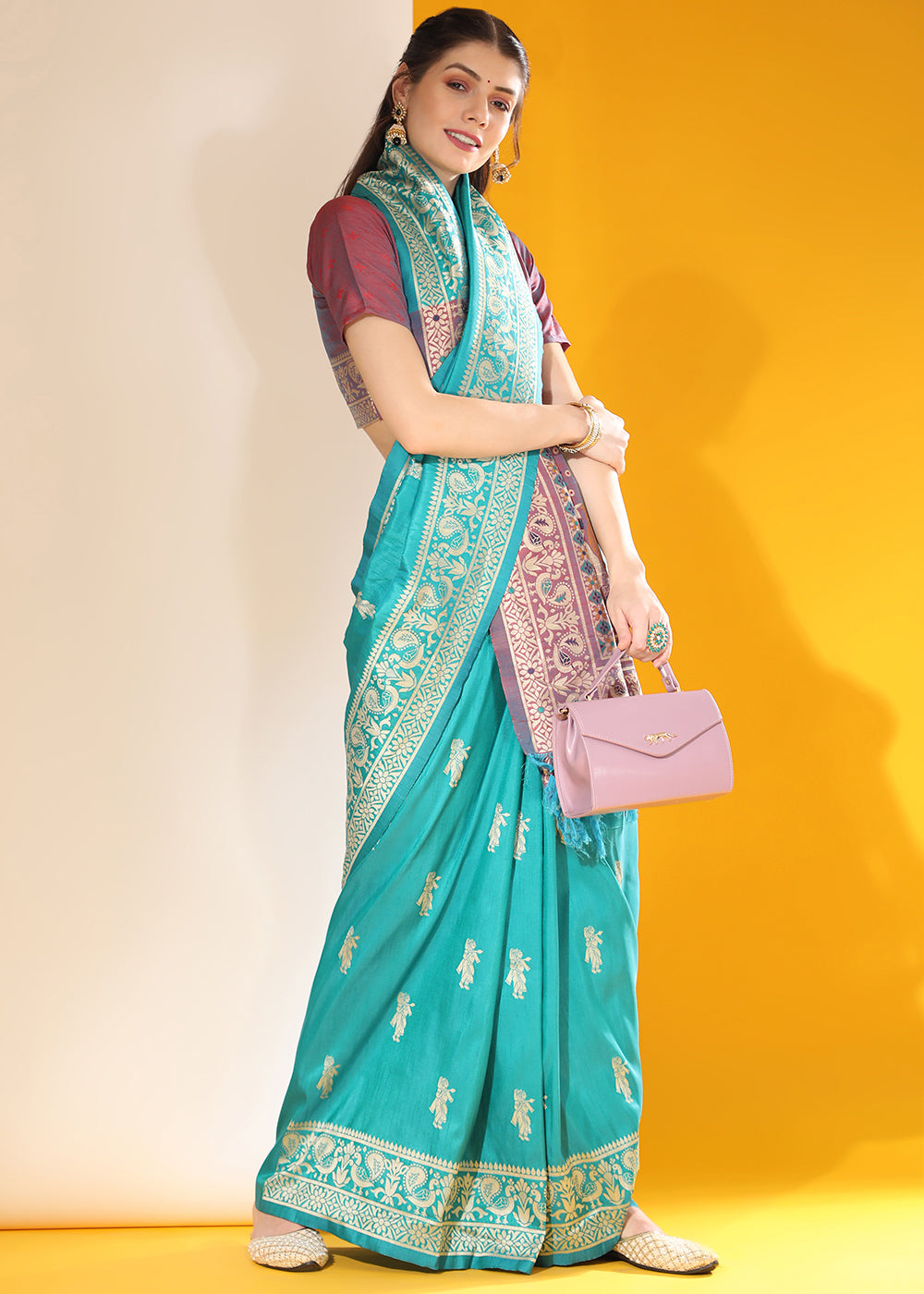 Cerulean Blue Kalamkari Woven Handloom Raw Silk Saree - qivii