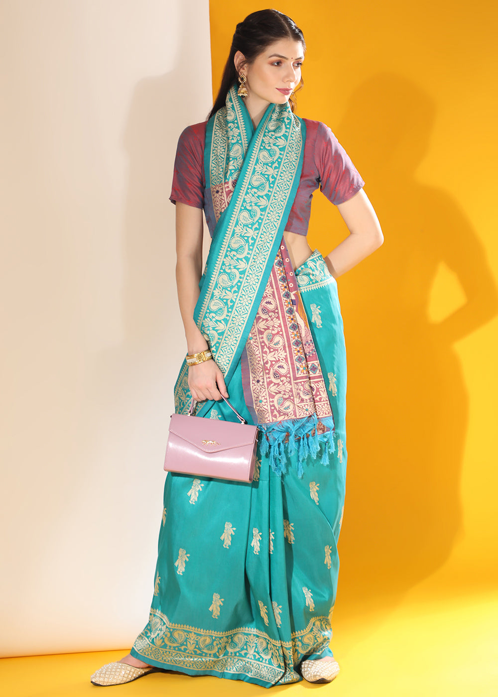 Cerulean Blue Kalamkari Woven Handloom Raw Silk Saree - qivii
