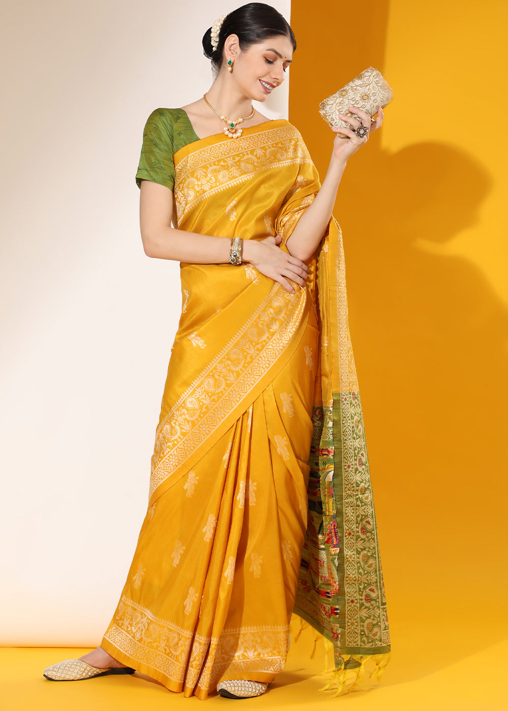 Cyber Yellow Kalamkari Woven Handloom Raw Silk Saree - qivii