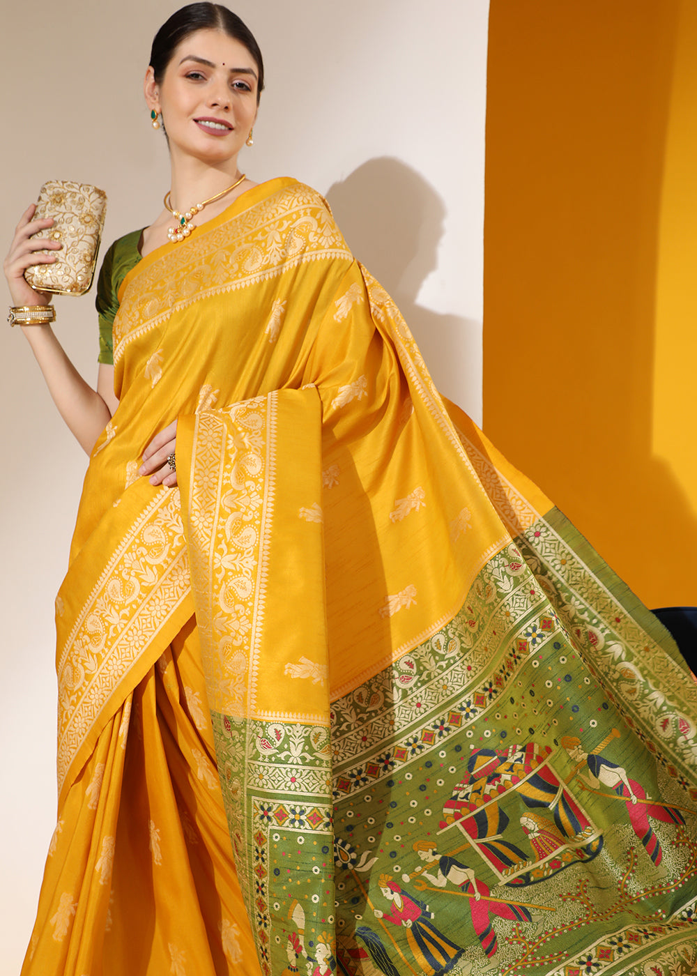 Cyber Yellow Kalamkari Woven Handloom Raw Silk Saree - qivii