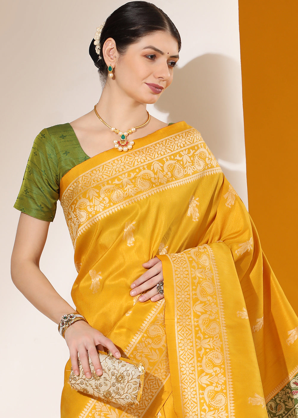 Cyber Yellow Kalamkari Woven Handloom Raw Silk Saree - qivii