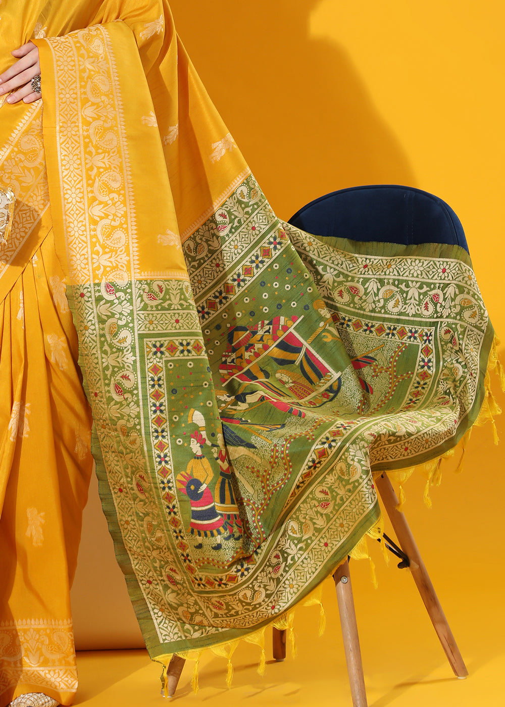 Cyber Yellow Kalamkari Woven Handloom Raw Silk Saree - qivii