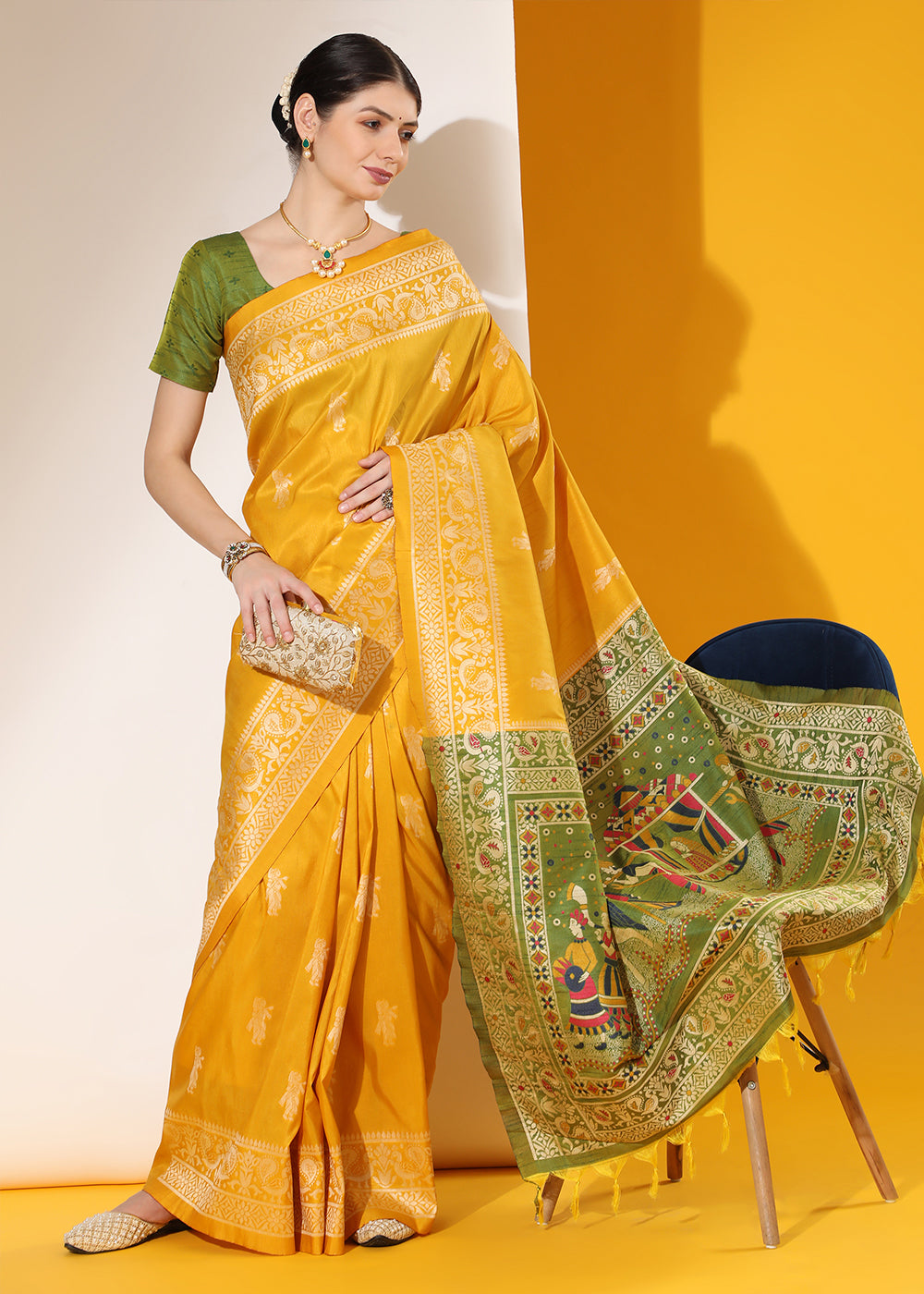 Cyber Yellow Kalamkari Woven Handloom Raw Silk Saree - qivii