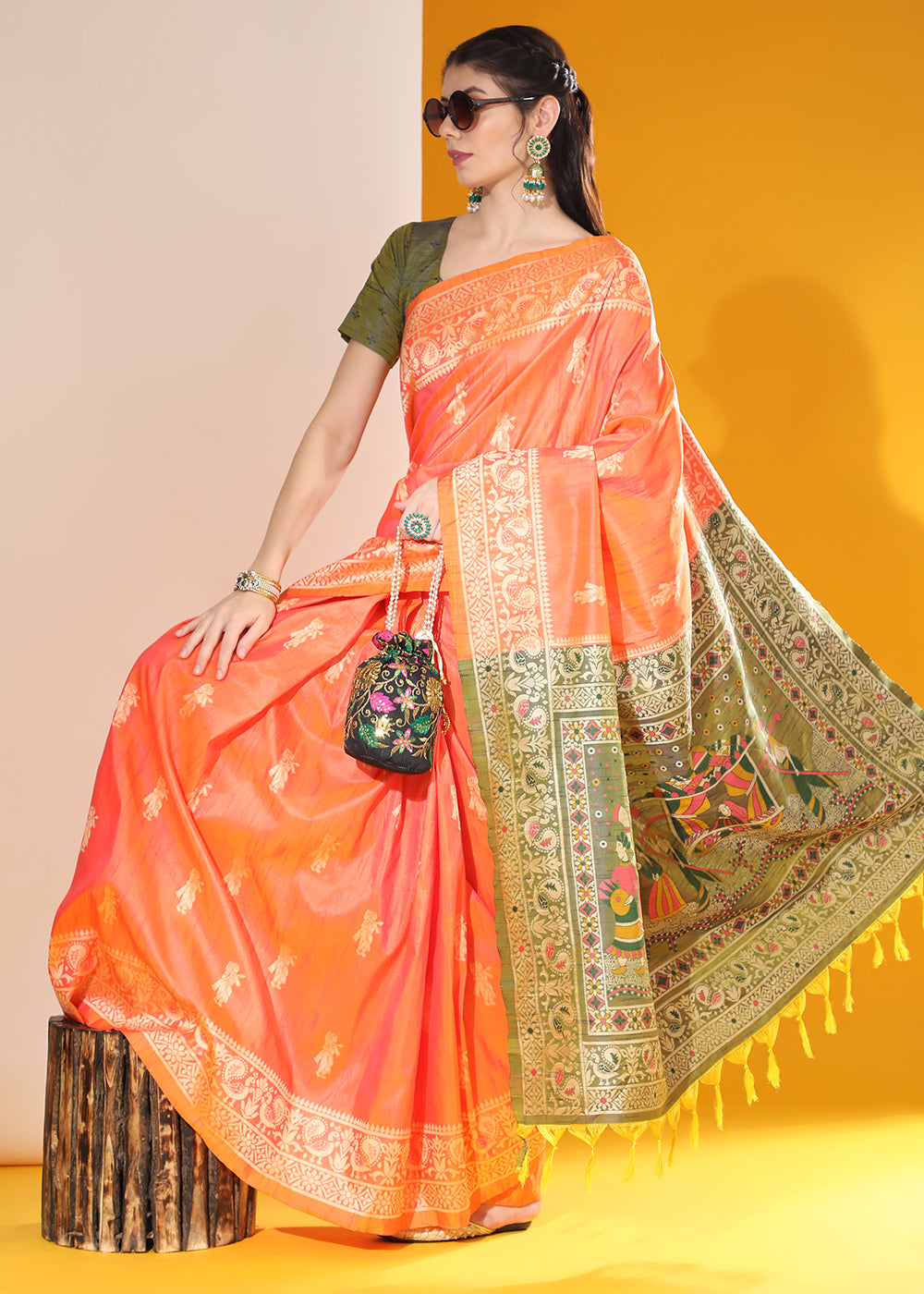 Sunset Orange Kalamkari Woven Handloom Raw Silk Saree - qivii