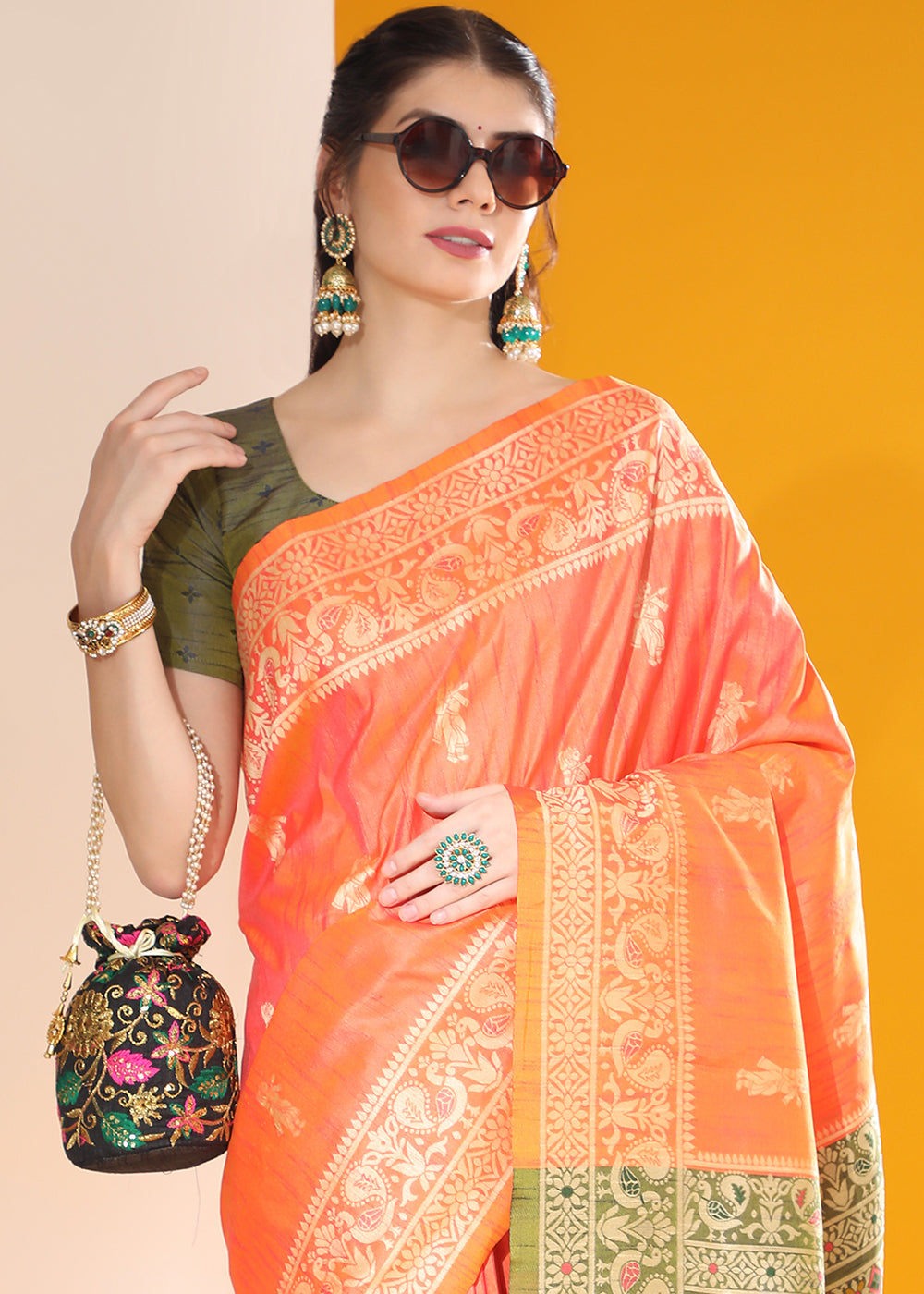 Sunset Orange Kalamkari Woven Handloom Raw Silk Saree - qivii