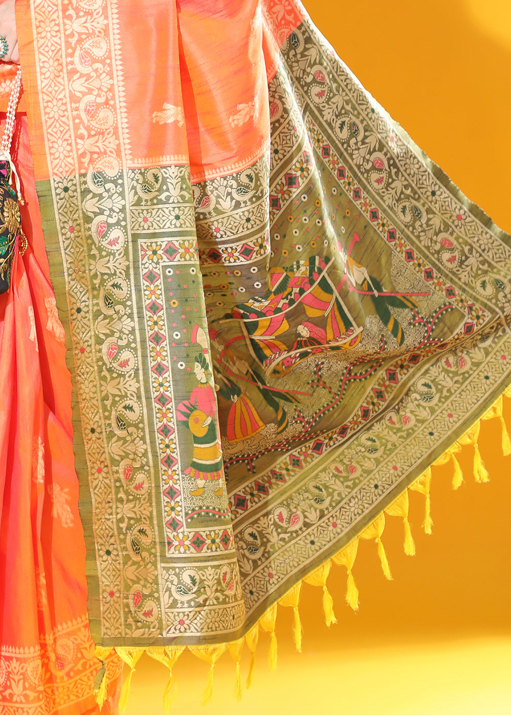 Sunset Orange Kalamkari Woven Handloom Raw Silk Saree - qivii