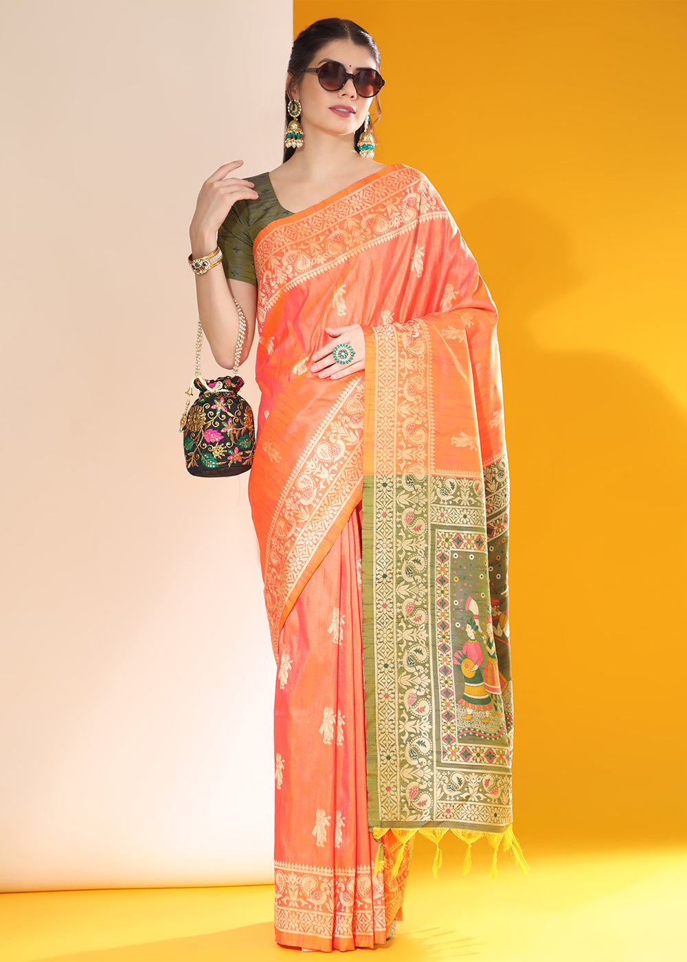 Sunset Orange Kalamkari Woven Handloom Raw Silk Saree - qivii